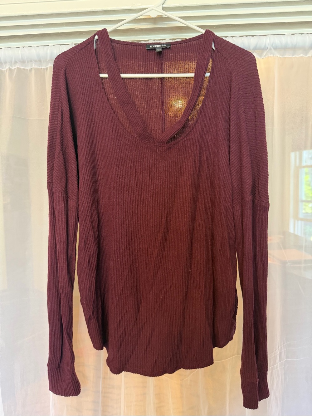 Express Burgundy Ribbed V-Neck Long Sleeve Tee